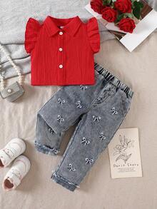 SHEIN 2pcs/Set Baby Girl Spring&Summer Casual Style,Pure Cotton Top &Heart-Shape Embroidery Long Pants Denim Set - Red - View 1