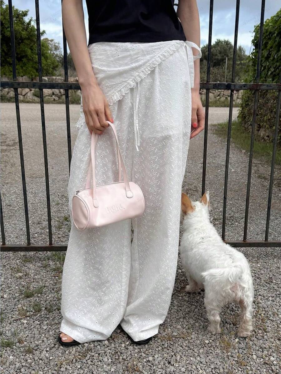 Siren Gaze Women's Embroidered Hollow-Out Elastic Waist Wide Leg Pants,White Summer Boho Vacation Holiday High Waist Wrap Around Festival Pants With Tie Decor - White - View 1