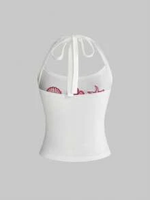 ROMWE Avant Women's Vacation Style All-Match Versatile Hibiscus & Shell Embroidered Print Halter Neck Camisole Set - Multicolor - View 6