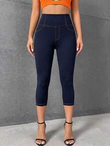 SHEIN PETITE CURVE 大码字母拼接骑行短裤，休闲运动高腰女装夏季服装 - 藏蓝色 - 查看 8