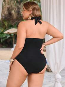 Swim Lushoire 2026 New Black Mesh Splice Criss-Cross Halter Bowknot One-Piece Swimsuit, Suitable For Beach Vacation, Spring/Summer - Black - View 2