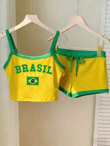 Comfortcana Women's Summer Brazil Flag Colorful Letter Print Cropped Camisole And Shorts Set - Multicolor - View 5