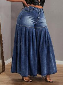 Slaydiva 大码拼接喇叭牛仔裤 - 深色水洗藍 - 查看 4