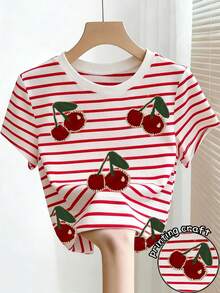 Women's Summer Short Sleeve Striped Cherry Print T-Shirt, Summer Clothing - Multicolor - View 1