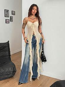 Coolane Women's Apricot Summmer Seductive Party Night Mesh Fairycore Tank Tops,Y2K Music Festival Streetwear Ruffle Fringe Sleeveless Stretchy Long Top - Apricot - View 5