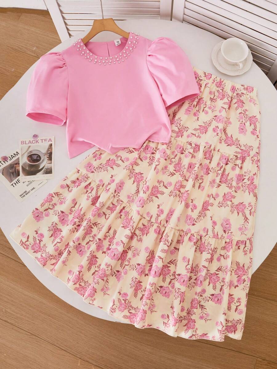 Set de 2 piezas Falda larga de línea A con estampado floral elegante, blusa de manga abullonada para adolescente, cuello con decoración de perlas, estilo minimalista - Rosa - Ver 1