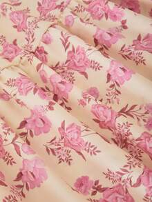 Set de 2 piezas Falda larga de línea A con estampado floral elegante, blusa de manga abullonada para adolescente, cuello con decoración de perlas, estilo minimalista - Rosa - Ver 4