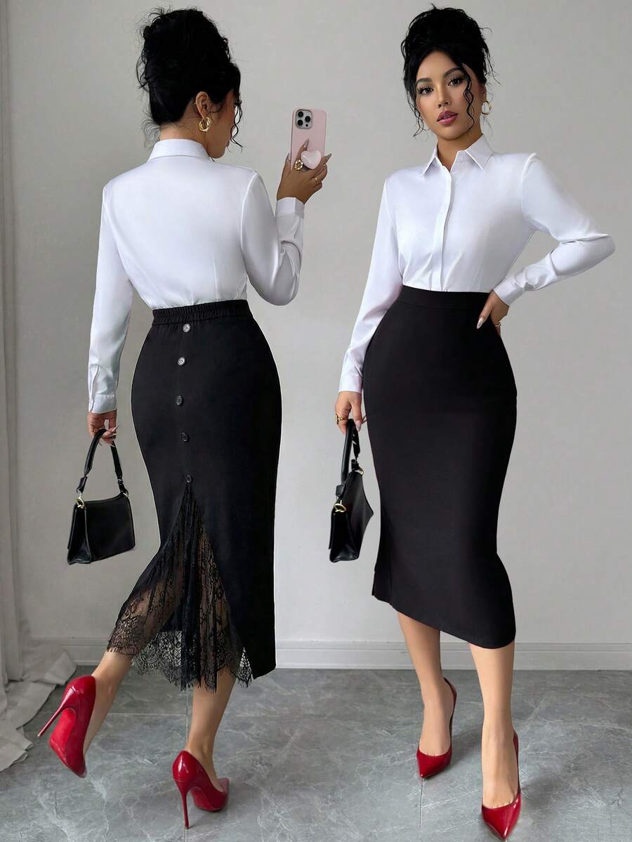 Elenzga Chân váy midi dáng suông phối ren xẻ tà, trang trí cúc dành cho nữ cỡ lớn, thích hợp cho mùa xuân/hè. - màu đen - Xem 1