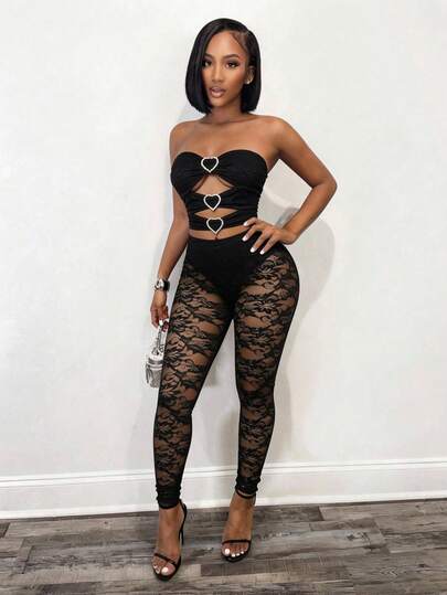 BamGleam Bộ jumpsuit quây ngực xuyên thấu phối ren màu trơn dành cho nữ, gợi cảm và ôm sát.