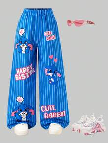 1pc Tween Girl Comfortable & Fashionable Blue & White Striped Wide Leg Pants, Designed With Cute Rabbit & "HAPPY EASTER" Graphic Elements, Suitable For Casual Wear, Home, School, And Outings - Multicolor - View 6