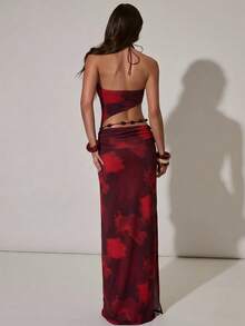 SHEIN BAE 女士露背系带褶皱镂空性感派对连衣裙 - 紅色 - 查看 2