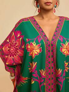 Travachic 大码女式V领七分袖短袖不对称热带植物印花宽松长连衣裙，优雅日常穿着，春夏度假连衣裙，春夏女装 - 綠色 - 查看 6