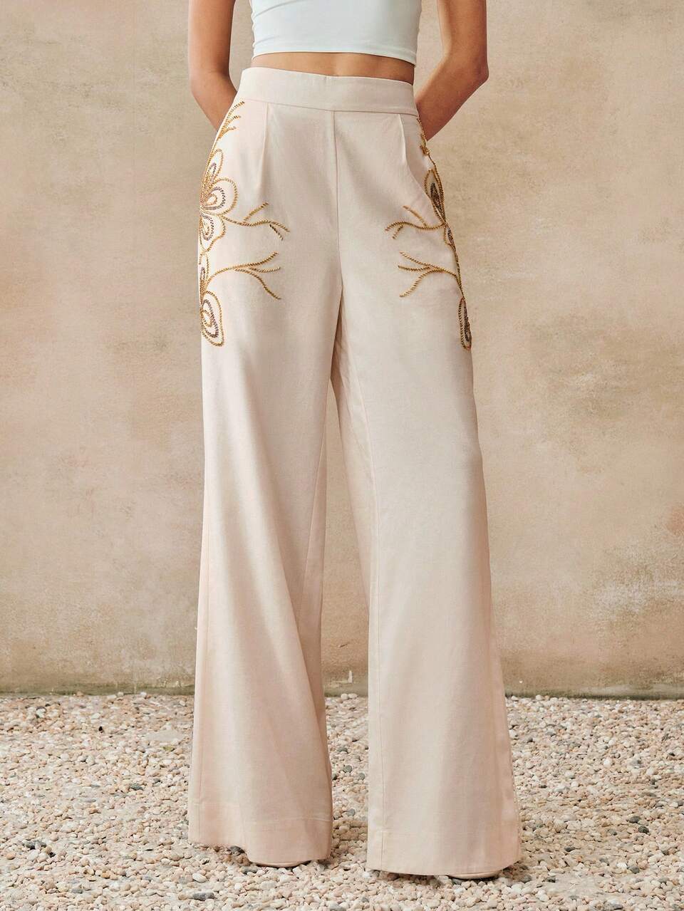 Anewsta Women's New Fashion Heavy Embroidered Pearl Linen Pants