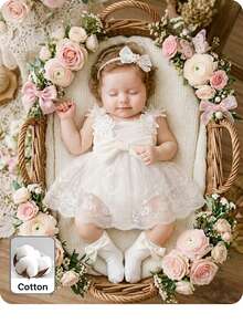 SHEIN Babygirl Elegant & Cute Casual White Knit Patchwork Floral Embroidery Mesh Romper - White - View 4