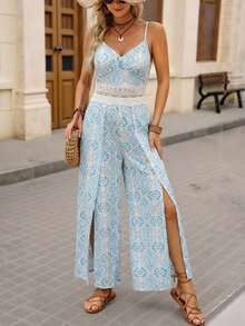 Brillora Women's White And Blue Floral Print Contrast Lace Wide Leg Jumpsuit,Summer Boho Vacation Holiday Beach Outfit,Casual Spring Style Jumpsuit - Blue and White - View 1