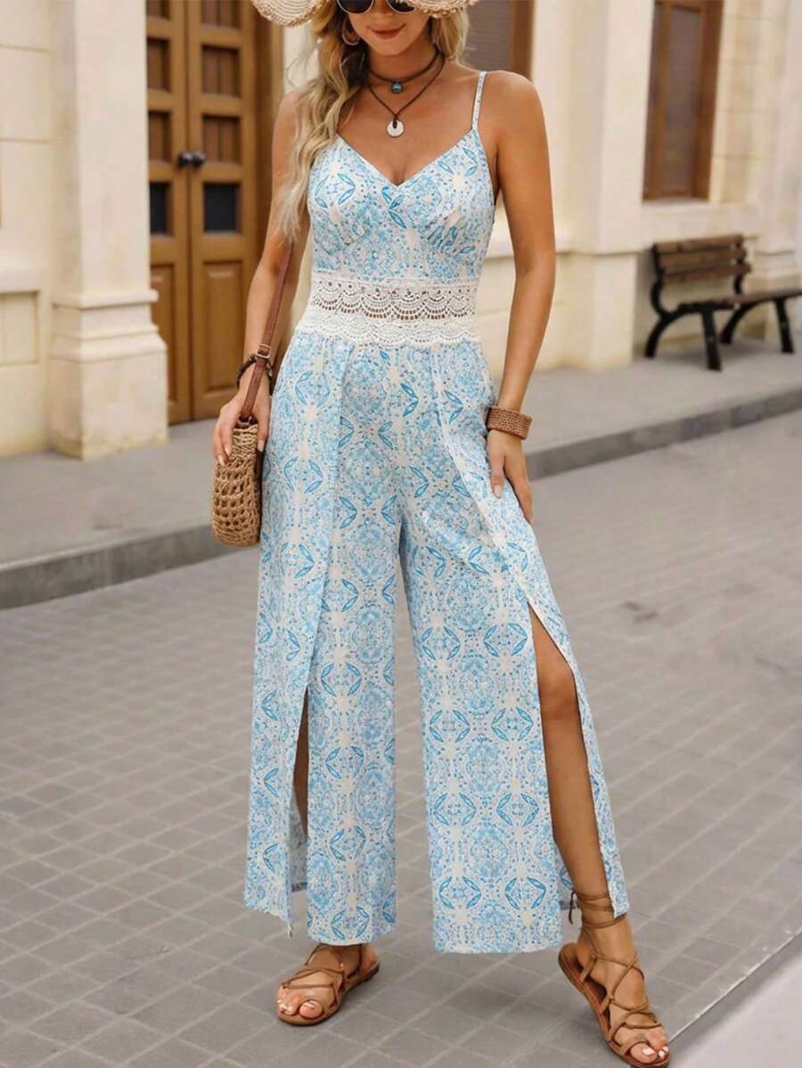 Brillora Women's White And Blue Floral Print Contrast Lace Wide Leg Jumpsuit,Summer Boho Vacation Holiday Beach Outfit,Casual Spring Style Jumpsuit - Blue and White - View 1