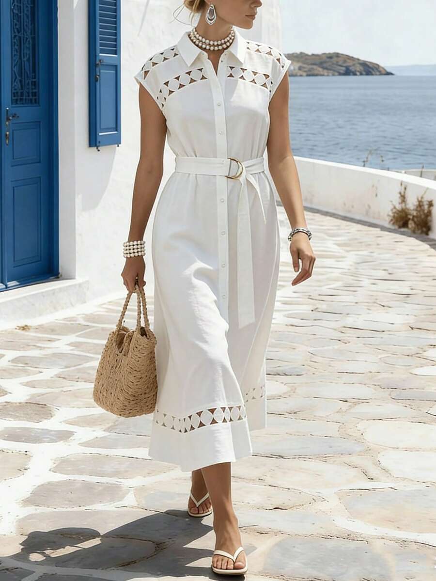 EMERY ROSE Robe chemise à col classique en tissu texturé blanc pur, décoration géométrique ajourée, style resort méditerranéen, longueur longue grande taille - Blanc - Voir 1