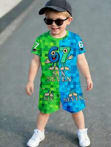 两件套幼儿男童休闲创意数字67及卡通图案马赛克印花短袖T恤和短裤，舒适日常穿着，适合春夏季节。 - 彩色 - 查看 3