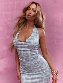 MISSGUIDED Cowl Neck Leopard Print Bodycon Maxi Dress Sleeveless Summer Evening Party Halter - Blue and White - View 3