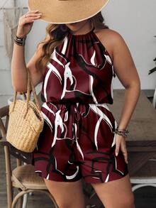 SHEIN VCAY Plus Size Women Vacation Printed Casual Halter Jumpsuit - Multicolor - View 4