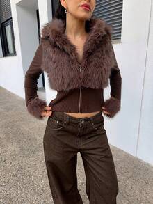 Marta Soriano Chaqueta de estilo callejero de moda con mangas largas y cremallera de piel sintética para mujeres - Marrón - Ver 3