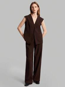 SHEIN X Scot Louie Ontre 2026春夏女士纯色棕色复古套装，包含马甲、西装外套和阔腿裤。时尚都市商务经典套装，适合办公室、学校、婚礼宾客、度假等场合，百搭时尚。 - 摩卡棕 - 查看 5