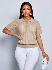 SOLERSUN Women's Solid Color Collared Short-Sleeved Top,Simple And Stylish,Daily Wear,Suitable For All Seasons. - Khaki - View 4