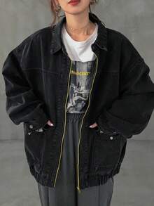 女式超大落肩长袖休闲牛仔夹克，适合春秋季节 - 黑色 - 查看 2