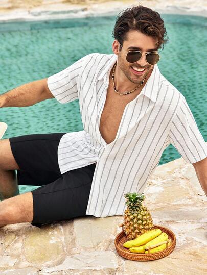 Mercer Haus 男士休闲条纹短袖衬衫，夏季黑白条纹衬衫，适合在夏威夷享受夏季热带假期。