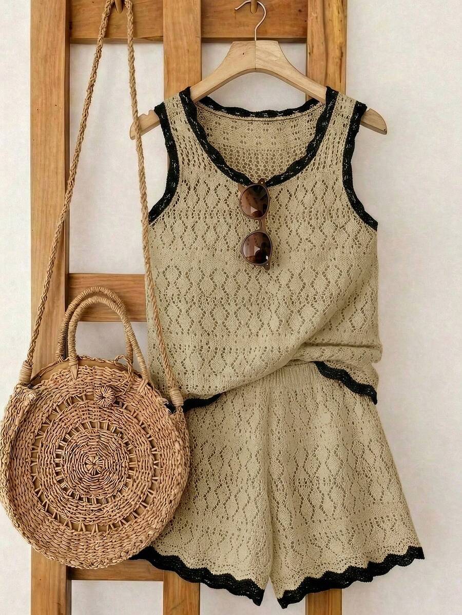 SHEIN Franclia 新款简约夏日度假风优雅镂空波浪领性感吊带背心修身显瘦沙滩度假撞色无袖针织女式毛衣两件套 - 卡其色 - 查看 1