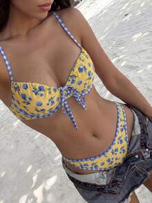 Swim Vcay Bộ bikini nữ màu vàng in hoa phối viền kẻ caro - Bộ đồ bơi hai mảnh phong cách boho dễ thương với chi tiết buộc dây phía trước. - Nhiều màu - Xem 4