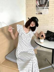 K-Vae 荷叶边袖露背复古波点连衣裙 - 杏色 - 查看 6