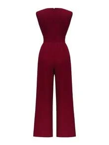 Elenzga Bộ jumpsuit không tay màu đỏ tía thanh lịch, mang phong cách Pháp cổ điển, thiết kế cao cấp, cổ tròn, đính hạt cườm, thắt eo và ống rộng giúp tôn dáng, kiểu dáng sang trọng và đẹp mắt, thích hợp mặc hàng ngày cho phụ nữ. - Màu Đỏ Sâu - Xem 2