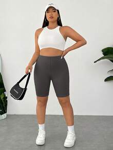 SHEIN EZwear Quần short bó sát cạp cao, co giãn, màu xám đậm, cỡ lớn, giúp thon gọn vóc dáng. - Màu xám đen - Xem 6