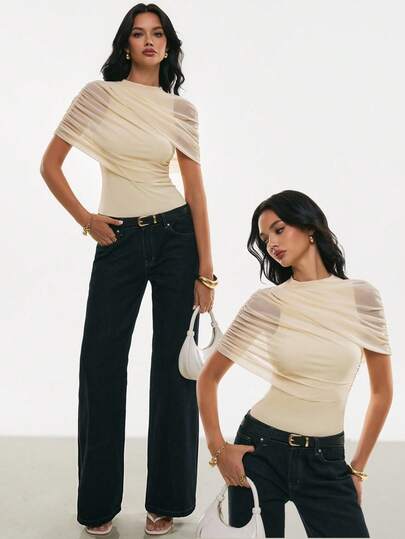 Poéselle Women's Sheer Mesh Cape-Sleeve Ruched T Shirt – Nude Draped Shoulder Going-Out Top Sheer Mesh Top Cape Sleeve Blouse Ruched Tee Nude Going Out Top Draped Shoulder Shirt Elegant Evening Top Summer Party Blouse Y2K Mesh Overlay Elegant Solid Color Mesh Patchwork Fitted T-Shirt, Summer See Through Top See Through Tops Sheer Top Sheer Tops