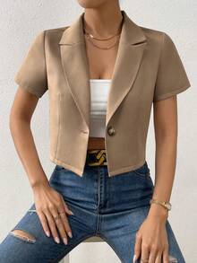 Pariaura Blazer Wanita Lengan Pendek Kancing Tunggal Warna Polos, Pakaian Kasual Musim Panas - Khaki - View 4