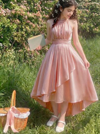 SHEIN Elegant Flower Girl Dress For Weddings, Chiffon Floral Halter Neck Sleeveless Midi Dress For Girls, Fancy Fashion Puffy Princess Dress