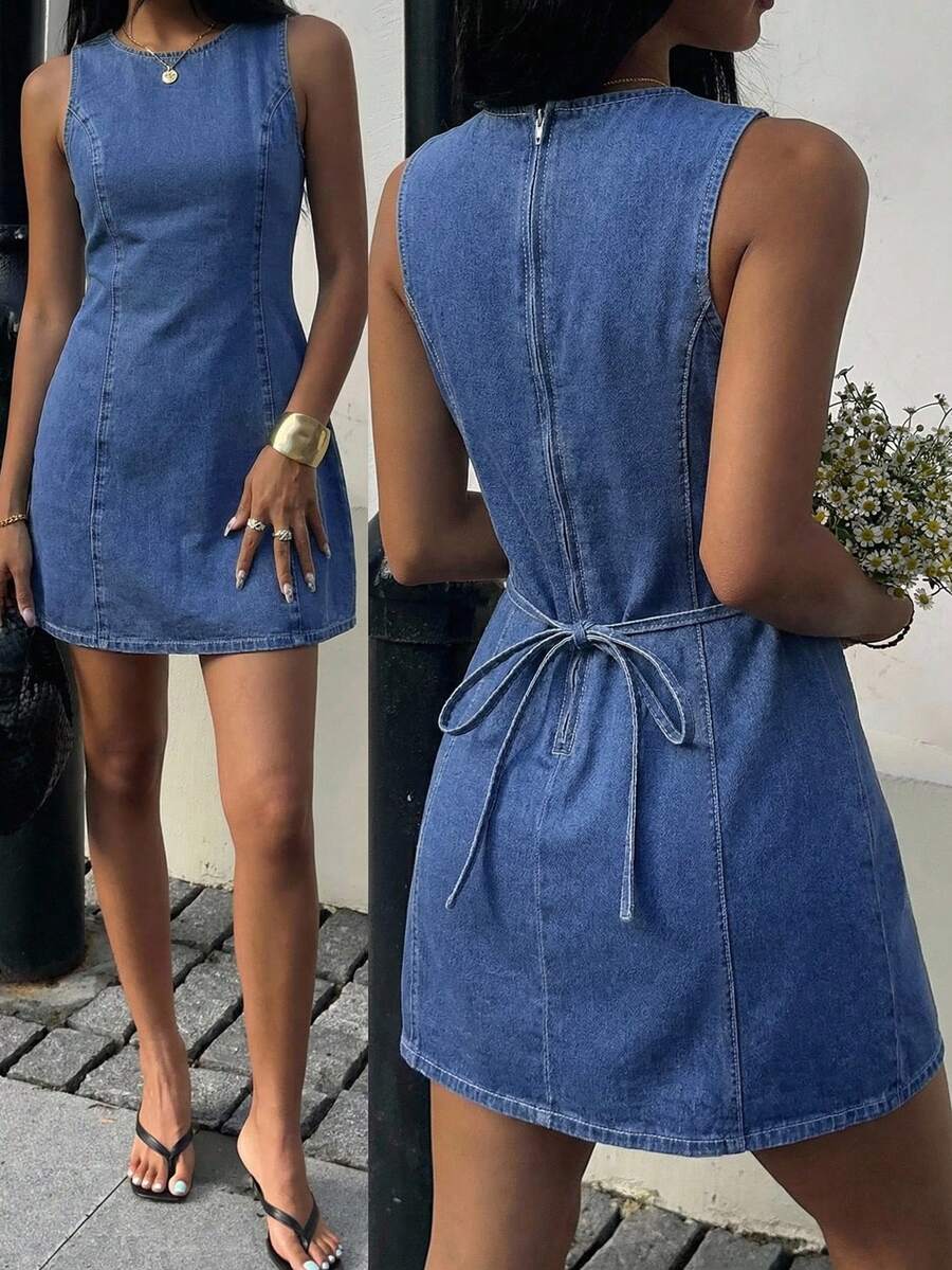 Serisse Đầm denim nữ cổ tròn không tay, kiểu dáng thường ngày, có khóa kéo phía sau và dây rút. - Rửa trung bình - Xem 1