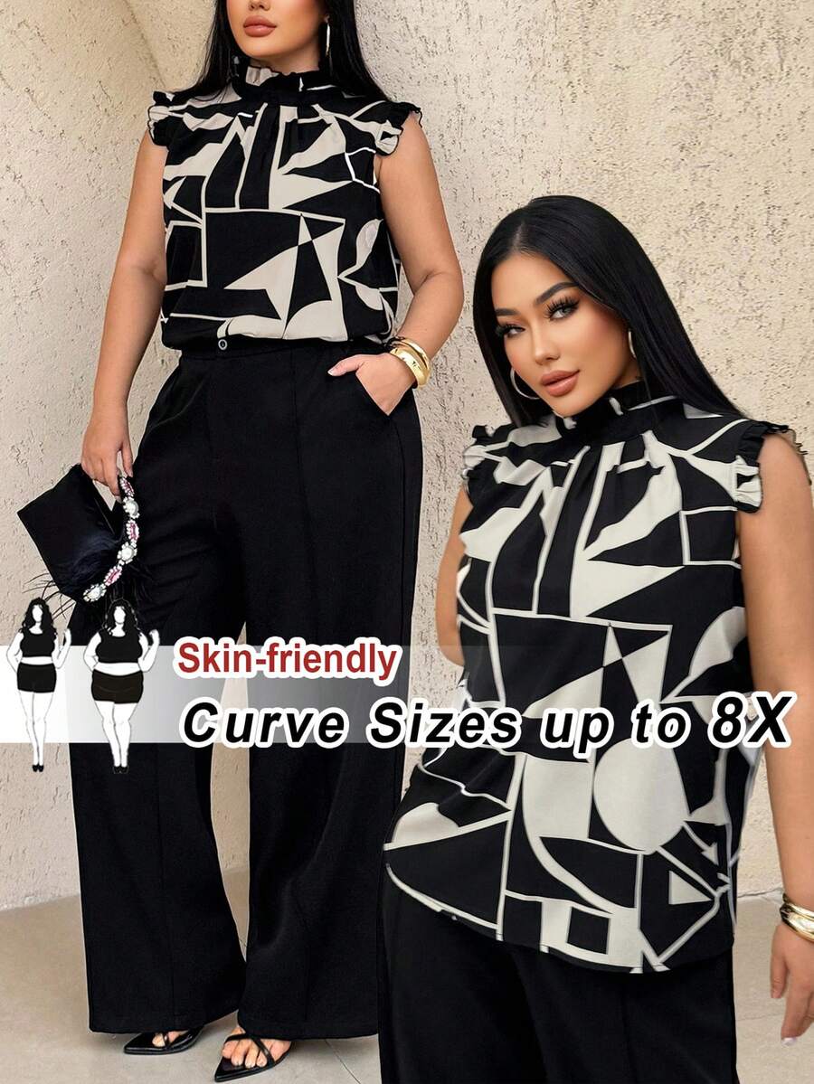 SHEIN CURVE+ Blusa sin mangas con cuello y puños con volantes decorados, de tela con estampado en blanco y negro, para mujer de talla grande, adecuada para principios de primavera, primavera y verano, selva tropical, fiesta en la playa, vacaciones en la , fiesta junto a la fogata, fresca y ligera, ajuste ceñido, cómoda de llevar, fácil de combinar y estiliza la figura. - Blanco y Negro - Ver 1