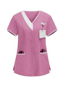 TaskEZ 2 piezas Conjunto de uniforme con top de cuello en V de manga corta y pantalones, uniforme de servicio de limpieza - Rosa - Ver 5