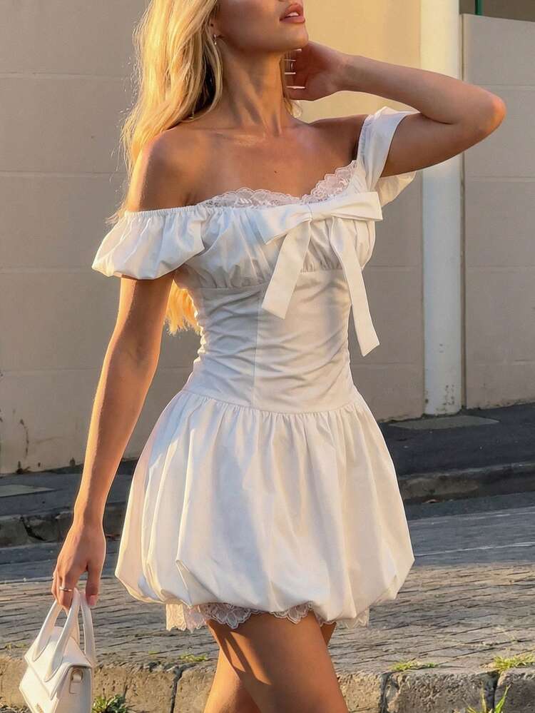 Spring & Summer White Hollow Lace Patchwork Bow Tie Design Casual Sweet Girl Dress, Suitable For Valentine's Day, Wedding, Party, Fashion Event, Elegant Office Wear, Fit & Flare Mini Dress
