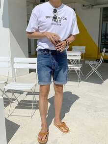 DAZY 男士水洗做旧蓝色卷边固定设计牛仔短裤，夏季 - 藍色 - 查看 6