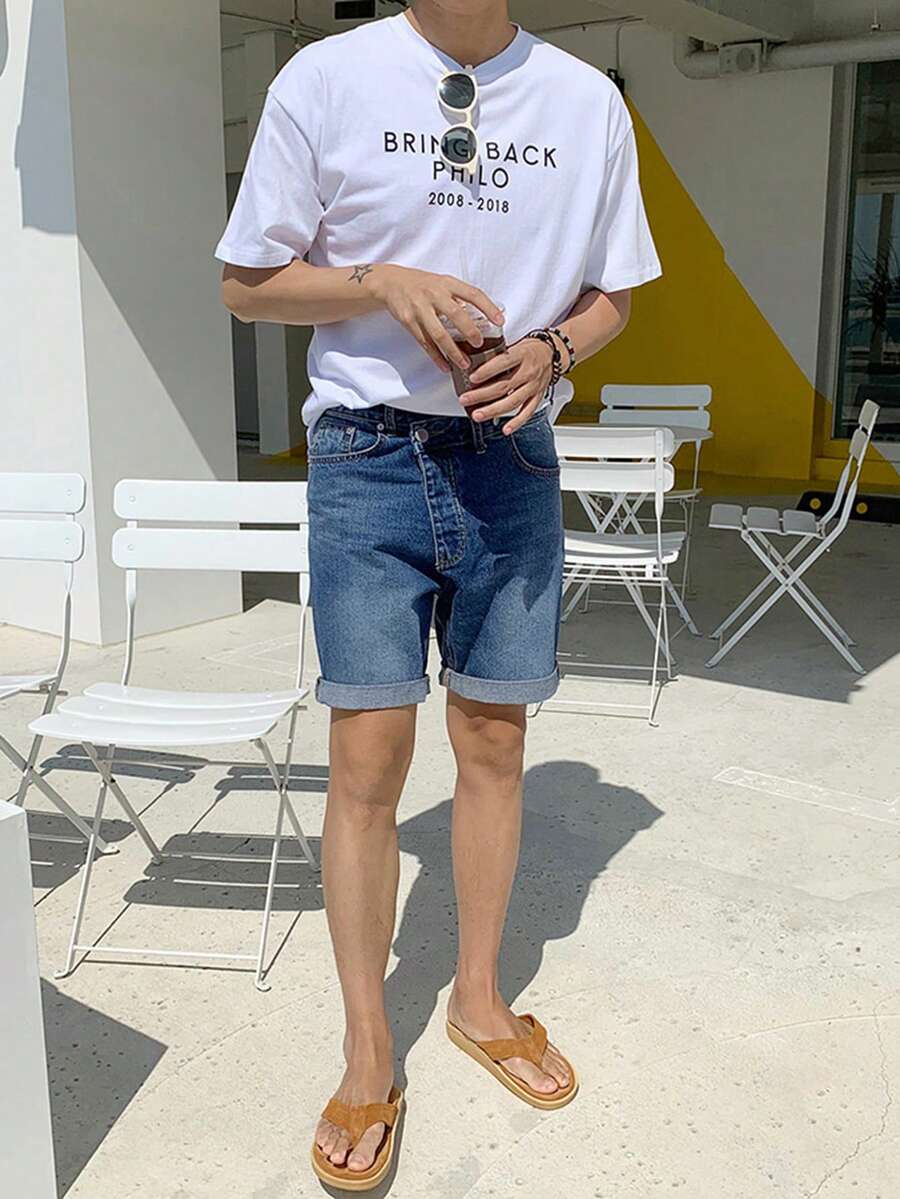 DAZY Men's Washed Distressed Blue Folded Hem Fixed Design Denim Shorts, Summer - Blue - View 1