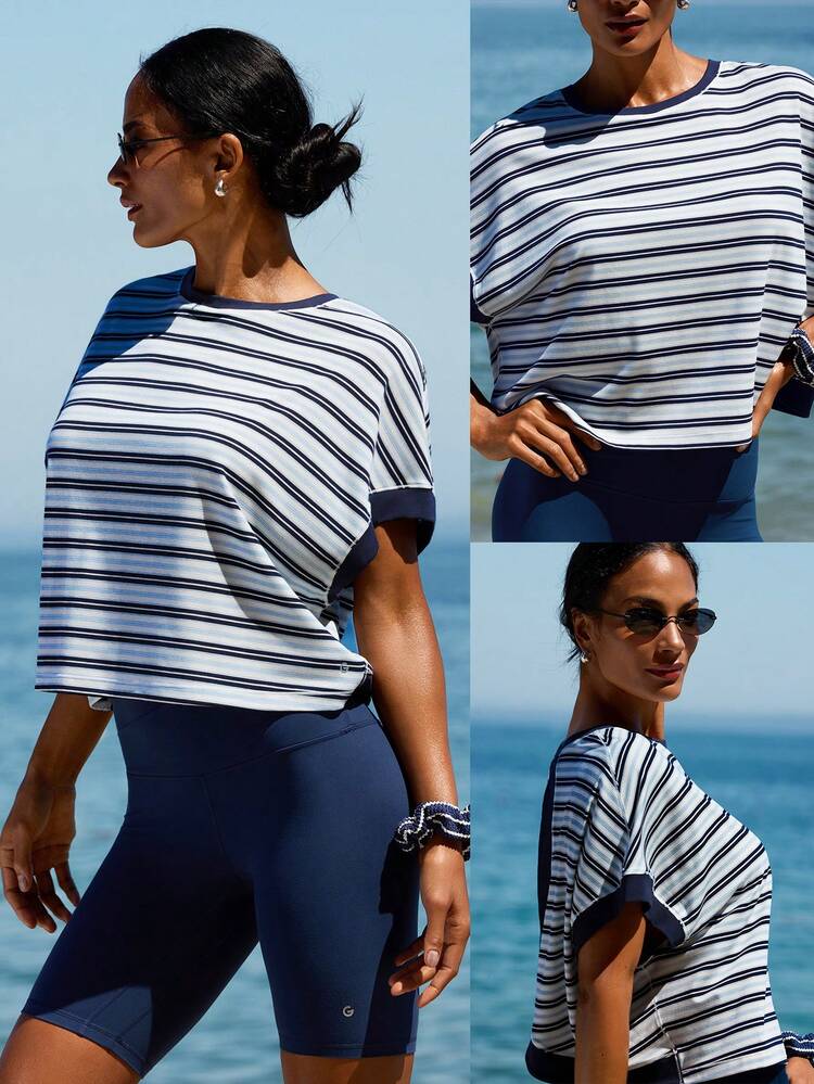 All Aboard Textured Stripe Back Cutout Boatneck Top Vacation Holiday Summer Travel Beach Daily Casual Wear