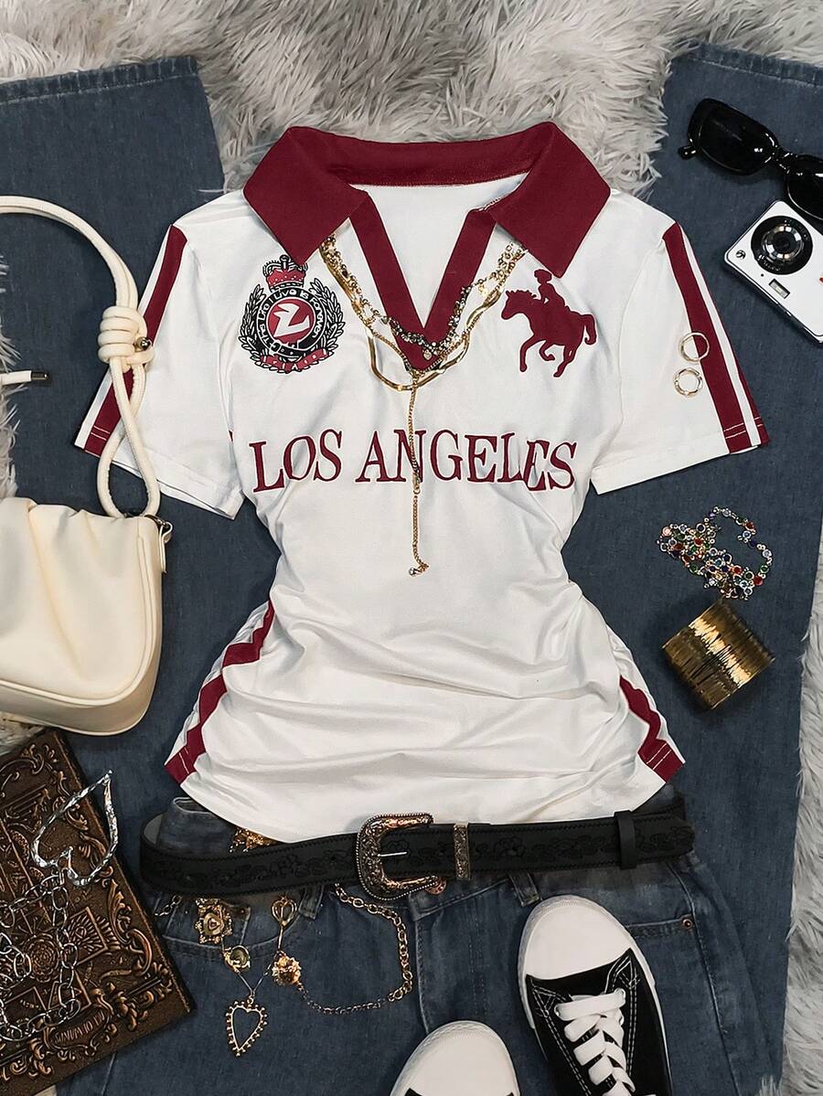 Glimmora Áo polo tay ngắn in họa tiết phong cách retro thập niên 2000 dành cho nữ, thời trang và thoải mái, hợp xu hướng hiện nay, phù hợp cho mặc hàng ngày, dự tiệc và các lễ hội âm nhạc. - Nhiều màu - Xem 1