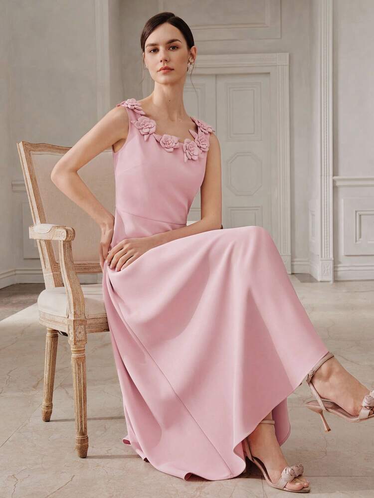 Women's New Elegant Pink Princess Dress, Sleeveless Round Neck 3D Floral Decor, Elegant Sun Skirt Waist Slimming Long Dress, Suitable For Party, Gathering, Date