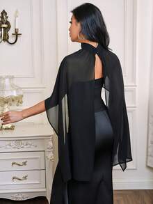 Modelyn Women's Black Summer Elegant Sexy Dining Mandarin Collar Chiffon Shawl Top And Bandeau Set, Holiday Outfits, Sheer Poncho Cape, Fashion Two Piece - Black - View 2