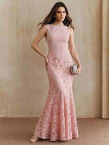 Anewsta Summer Fashionable & Elegant Lace Patchwork Mermaid Dress For Women - Pink - View 4
