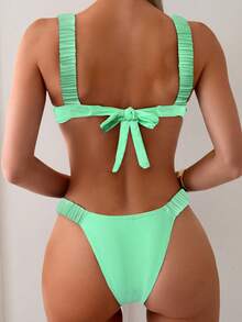SHEIN Swim 女士時尚夏季沙灘純色褶皺比基尼套裝 - 綠色 - 查看 2