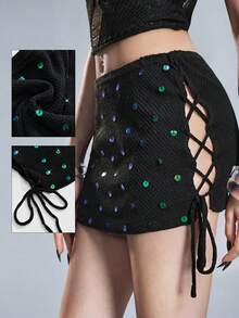 ROMWE Goth Minifalda de punto de cintura ultra baja, transparente y con lentejuelas, para outfit de vacaciones en la playa y festivales de música - Negro - Ver 8